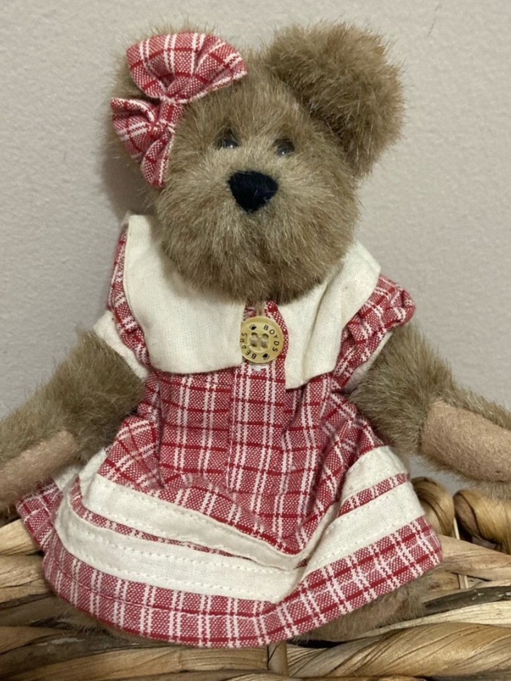 Handmade Brown Teddy Bear in Red Plaid Dress